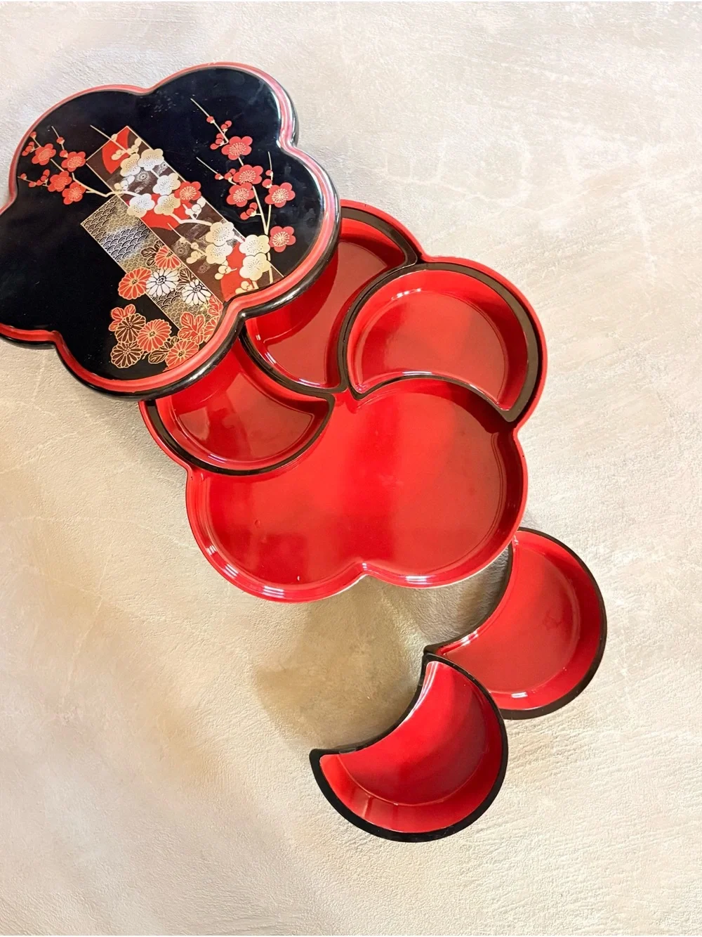 Vtg 1970s Japanese Lacquerware Hanami Bento Box 5 Compartmnt Cherry Blossom Tray